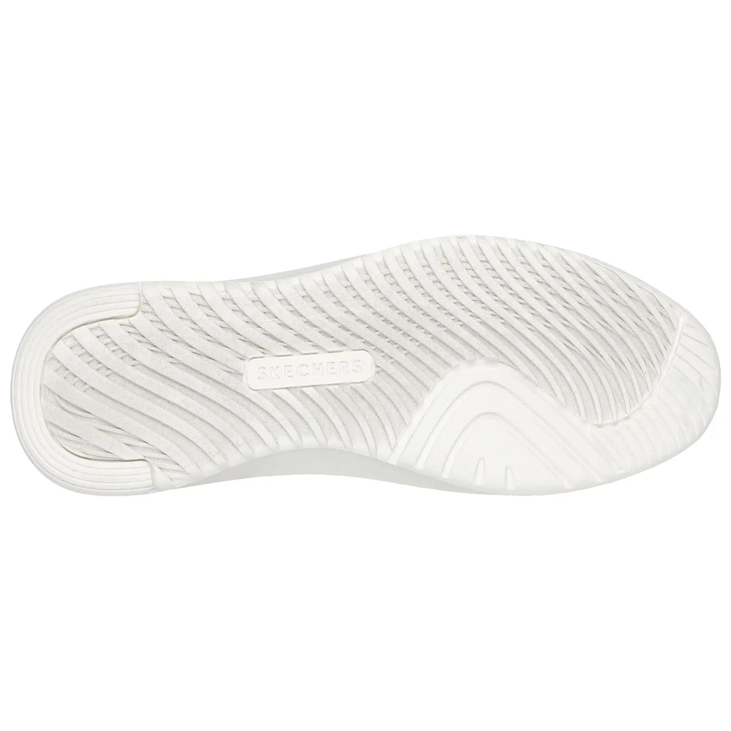 A white sneaker sole is shown resting on a flat surface displaying a textured pattern with a visible brand logo that reads SKECHERS in the center of the sole.