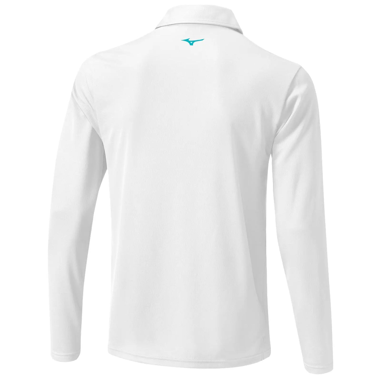A long-sleeve white polo shirt is displayed with a collar buttoned at the neck and a small logo in aqua color on the back. The background is plain and neutral.