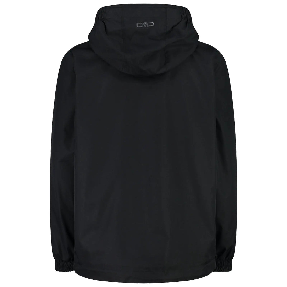 A black jacket is displayed with a hood and elastic cuffs showcasing a simple design without embellishments emphasizing functionality and versatility suitable for various outdoor contexts.