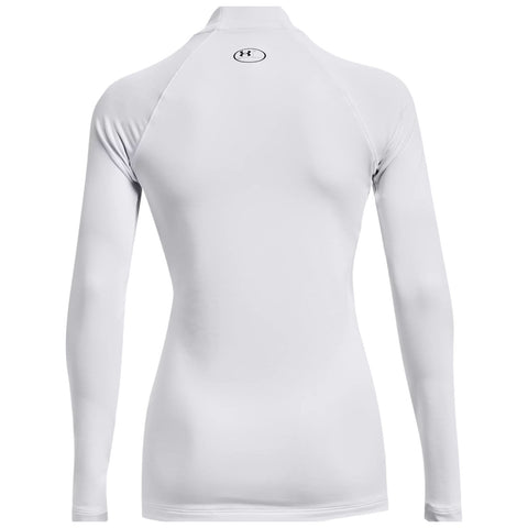 A long-sleeve white athletic shirt is displayed facing away revealing a high collar and a small logo on the upper back in a simple and clean design.