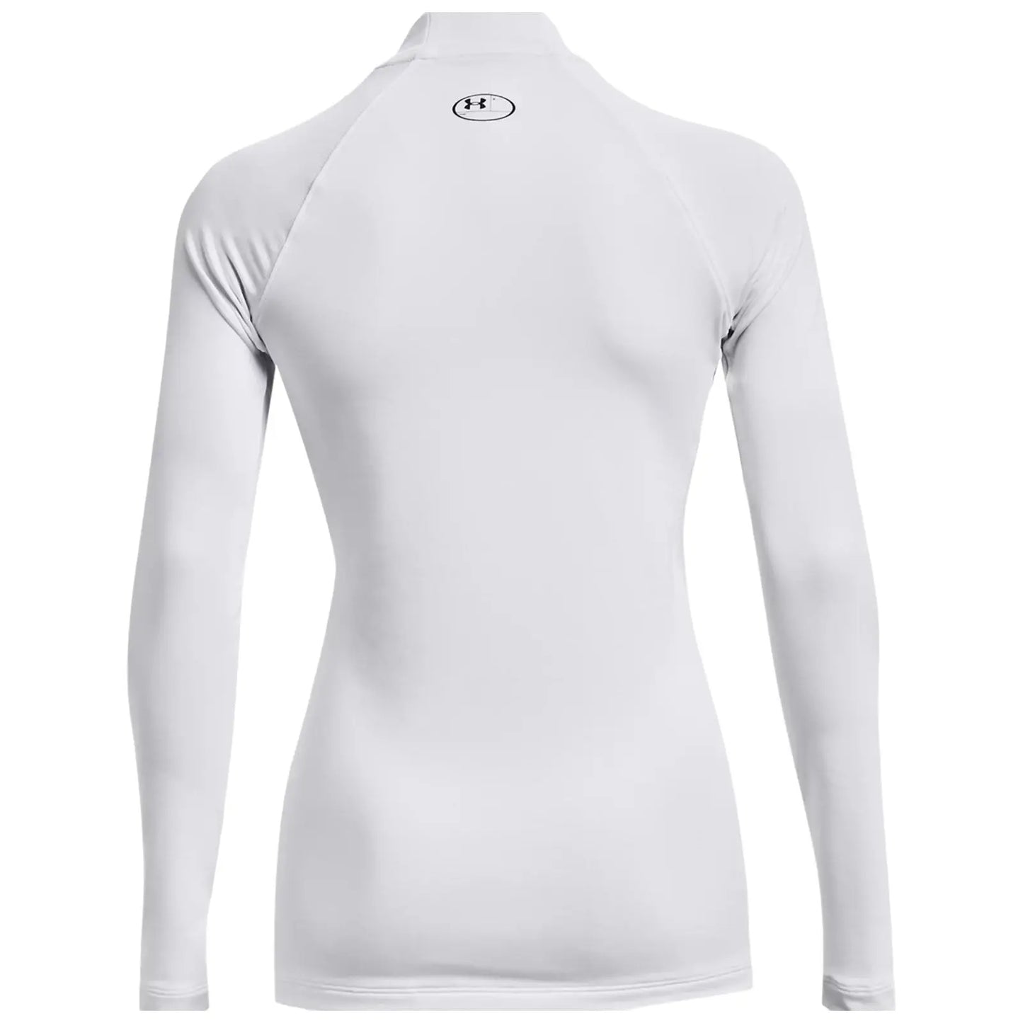 A long-sleeve white athletic shirt is displayed facing away revealing a high collar and a small logo on the upper back in a simple and clean design.
