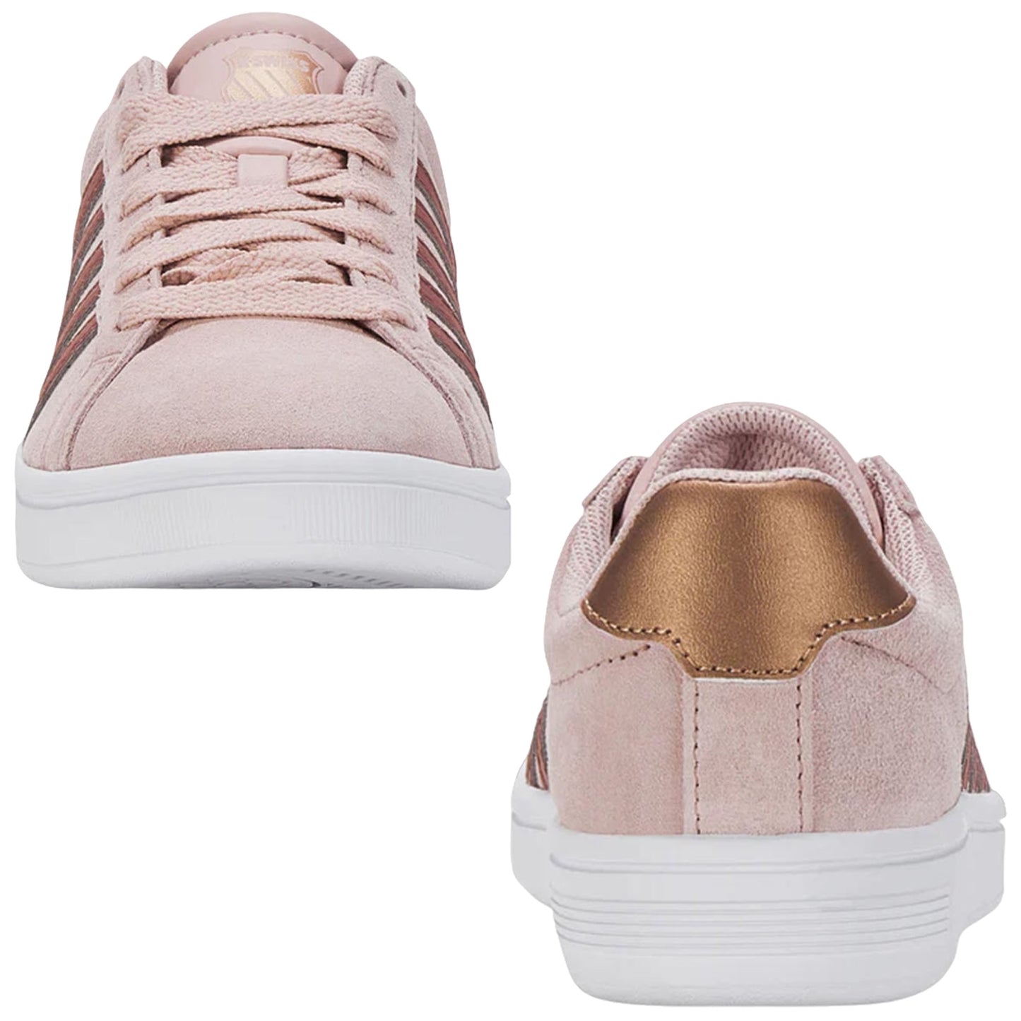 A pair of pink suede sneakers showcases a stylish design with white soles and bronze accents displayed side by side on a white background emphasizing their modern aesthetic and casual vibe.