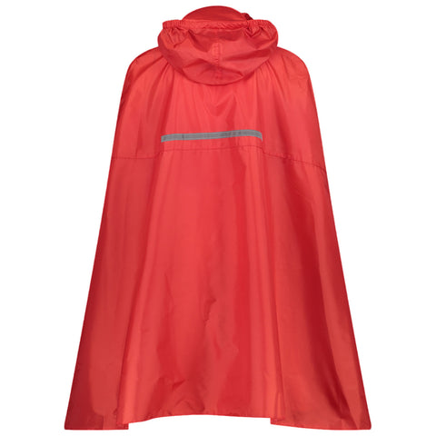 A bright red rain poncho hangs with a hood and a reflective strip across the back designed to provide protection from rain in outdoor settings.