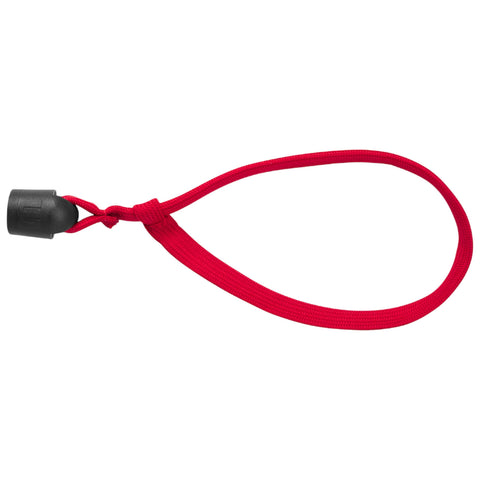 A red cord with a toggle on one end is positioned in a loop shape suggesting it is designed for tightening or securing items in place.
