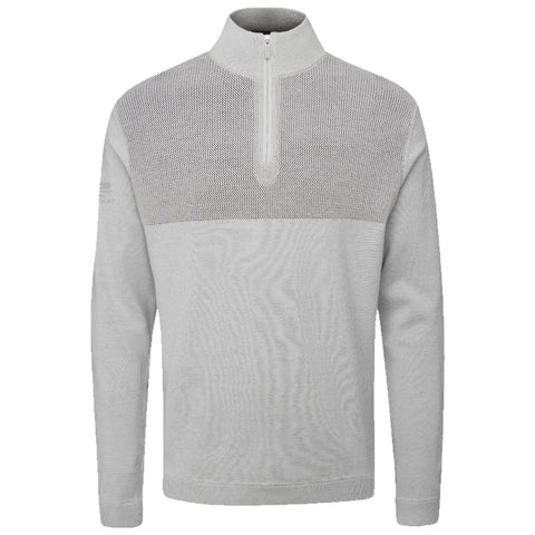 A gray zip-up pullover with a textured upper section and long sleeves is displayed on a white background showcasing a sporty design suitable for casual wear or athletic activities.