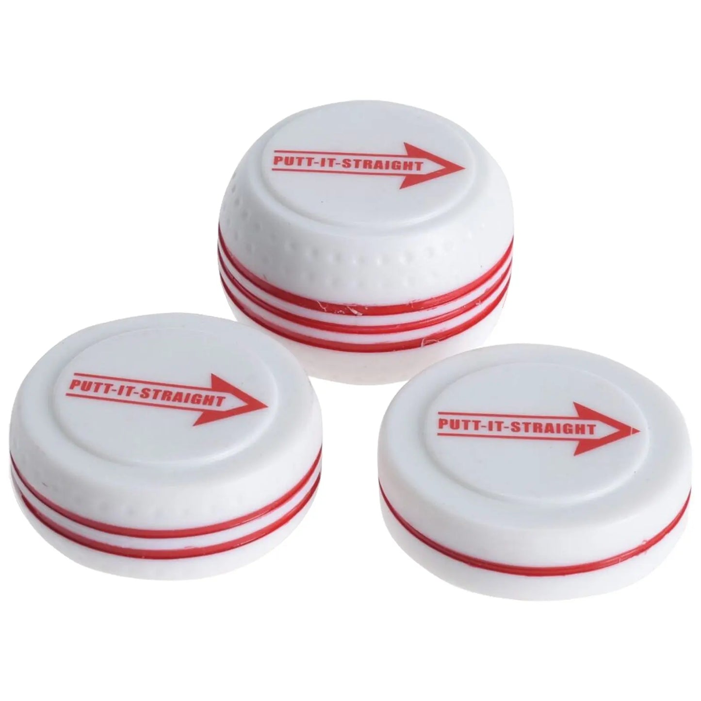 Three round white objects with red stripes are arranged closely together. Each has the text PUTT-IT-STRAIGHT and a red arrow pointing right. They are likely used for a putting practice game.