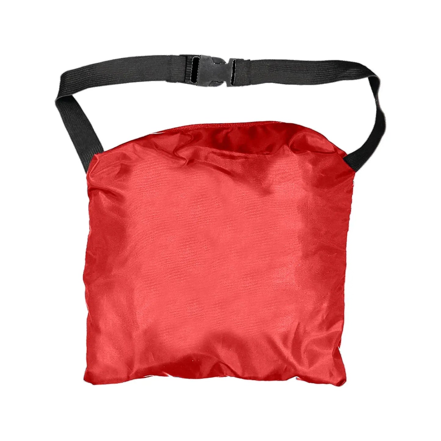 A red bag with a flat and smooth surface is being held by a black adjustable strap positioned at the top in a neutral surrounding environment without distractions.
