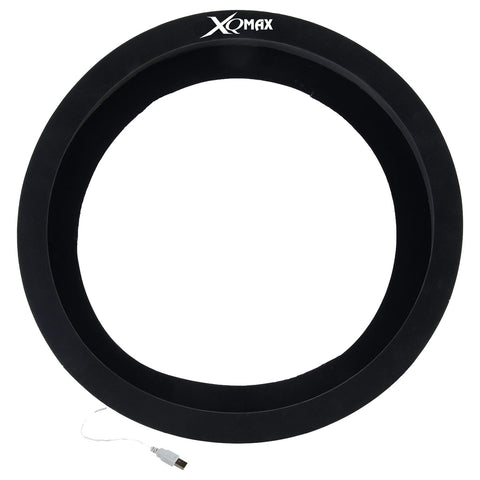 A circular black ring light is displayed with a USB cable attached to its side indicating it is designed for illumination in photography or video settings. The surface appears smooth and matte.