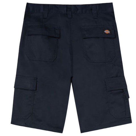 Dark cargo shorts displayed flat with multiple pockets on the sides and back designed for utility in casual or work settings showcasing a sturdy fabric and functional style.