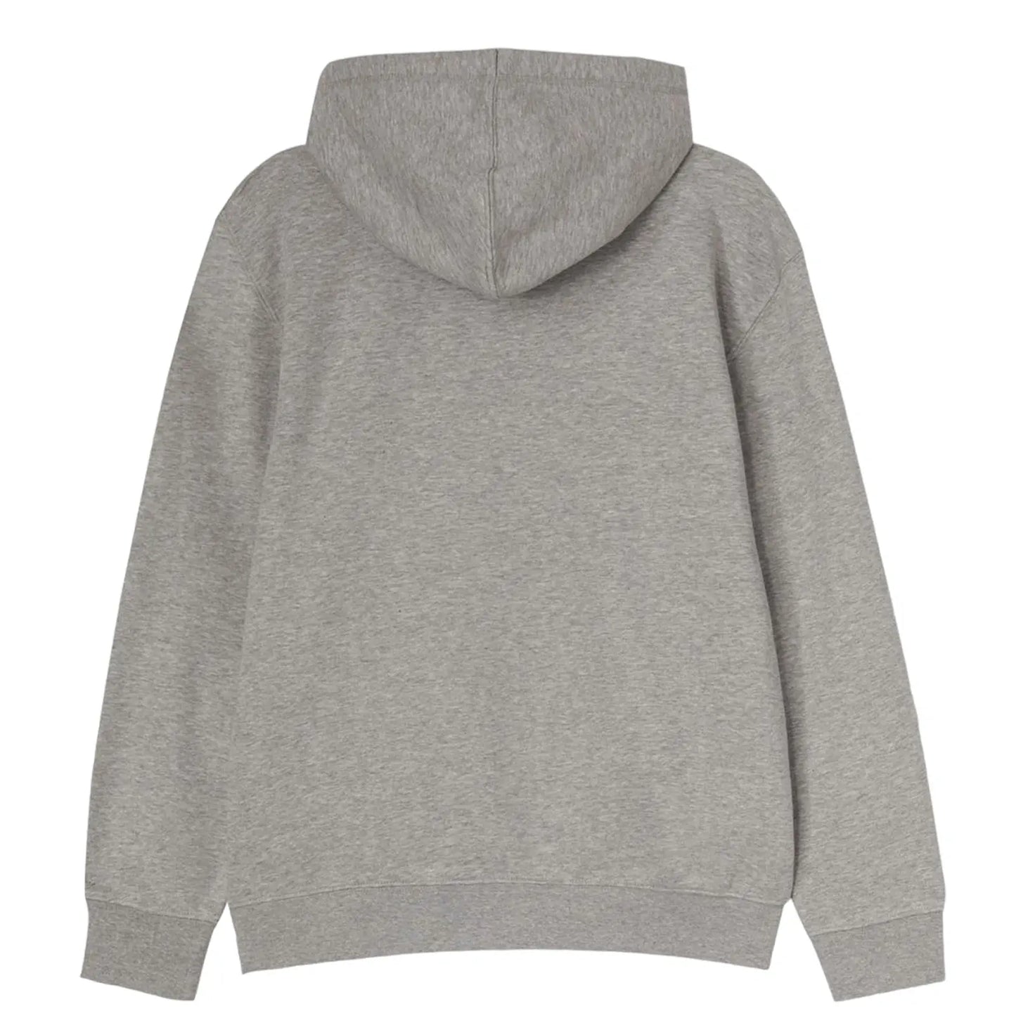 A gray hooded sweatshirt hangs upright showcasing a plain back design in a simple setting with a focus on the texture and color of the fabric.