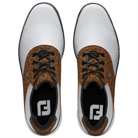 White and brown leopard print golf shoes are positioned with the laces tied and facing upward against a plain background showcasing a unique design blending solid and patterned materials.