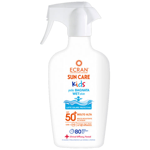Ecran Kids Wet Skin Pistol SPF50+ 300ml A white spray bottle of sunscreen labeled Ecran Sun Care for Kids is positioned upright the action suggests it is intended for application on wet skin the context conveys a focus on sun protection for children