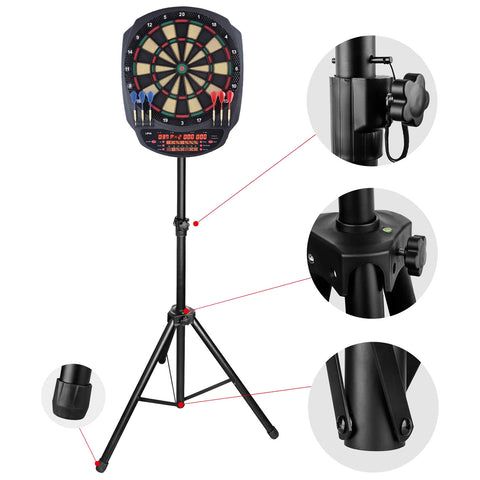 A dartboard mounted on a black adjustable stand with blue and red darts positioned in the board and additional features highlighted, set in a neutral indoor environment.