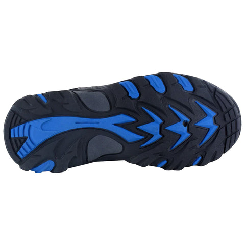 A black athletic shoe with blue accents features laces and a strap across the midfoot for support placed against a neutral background indicating it is designed for active use. A black shoe sole with blue accents features a rugged tread pattern designed for traction. It appears to be meant for outdoor activities or sports on various surfaces.