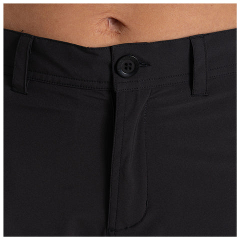 Black pants are positioned with a buttoned front closure showcasing a smooth waistband and subtle stitching details while the upper portion of a torso is partially visible above the pants