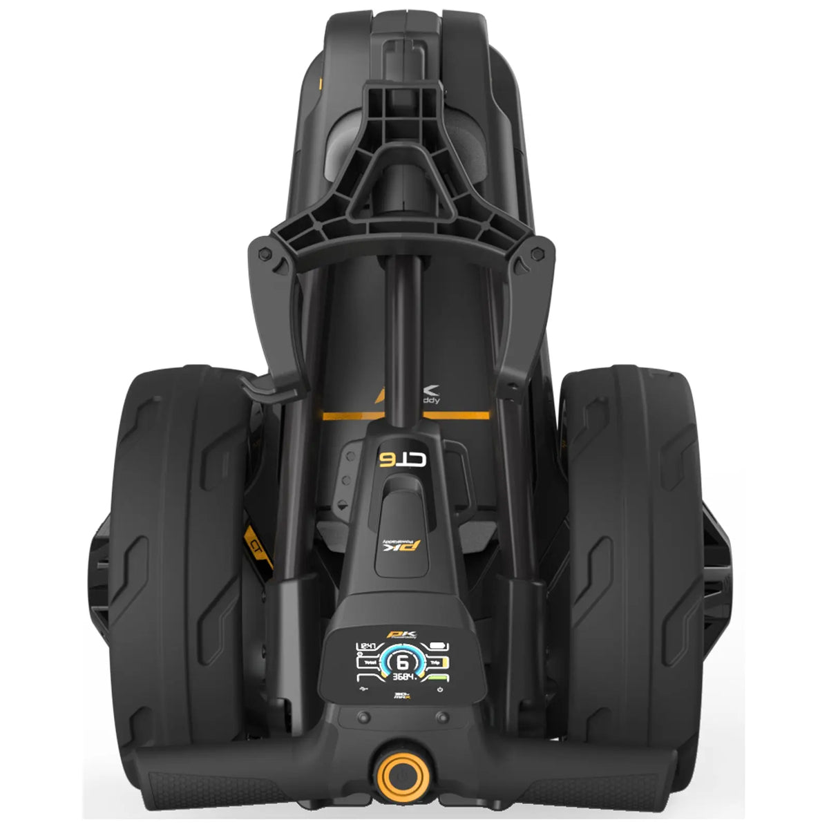 A black electric scooter stands upright on its rear wheels displaying a multifunctional dashboard with buttons and indicators in a minimalistic environment showcasing its modern design and technology features.