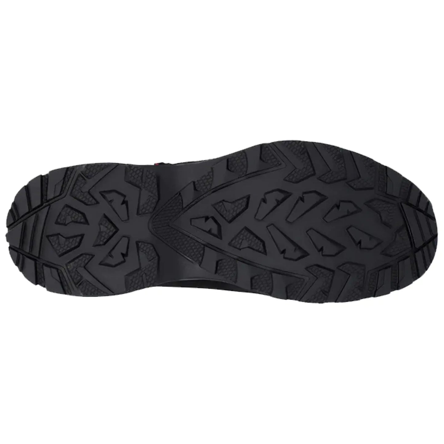 A black shoe sole is displayed with a geometric tread pattern designed for traction. It appears to be suitable for outdoor or rugged use on various surfaces.