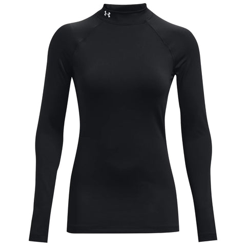 A long-sleeved black athletic shirt is displayed with a high collar and a small logo at the neckline designed for active wear in various sports or workouts.