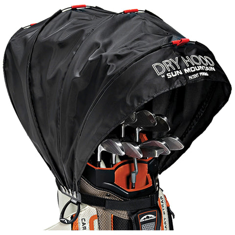 A black protective cover is designed to fit over golf clubs inside a bag keeping them dry during rain while showcasing a sleek modern design with branding on the side.
