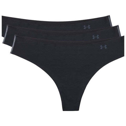 Three black thong underwear are arranged in a row. They are made of a smooth fabric featuring a subtle brand logo on the waistband. The background is plain white.