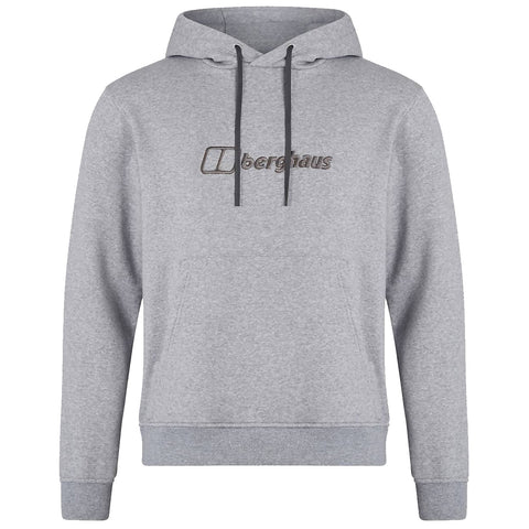 A grey hooded sweatshirt features an embroidered logo reading berghaus on the front It has a large pocket at the waist and ribbed cuffs at the sleeves
