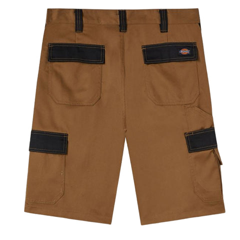 Cargo shorts made of brown fabric feature black pockets on the back and sides with contrasting stitching showcasing a sturdy design suitable for practical wear.