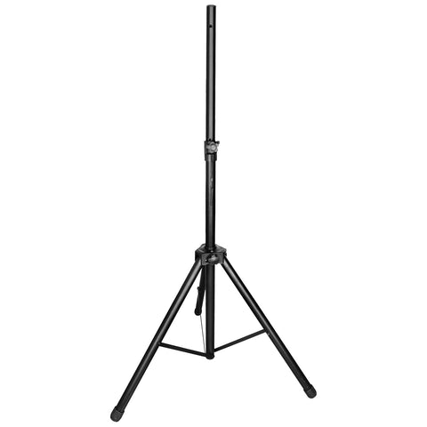 A black tripod stands upright with three legs extended for stability supporting various equipment in a blank background suggesting a controlled or studio setting.