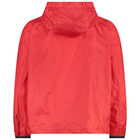 A bright red jacket with a hood hangs alone against a neutral background showcasing its smooth texture and elastic cuffs emphasizing the lightweight and stylish design suitable for casual wear.
