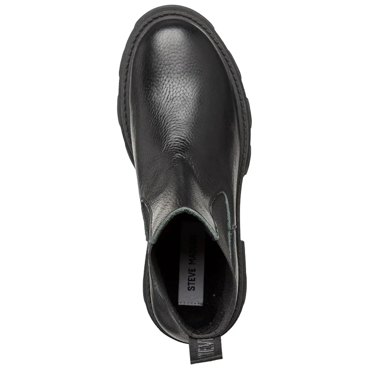 A black leather ankle boot features a smooth texture and elastic side panels for easy wear positioned against a plain white background showcasing its sleek design.