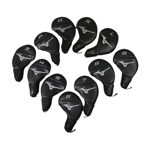 Ten black golf club headcovers are arranged in a circular pattern with numbers ranging from P to 9 clearly displayed in white on each cover representing various golf clubs in a clean background.