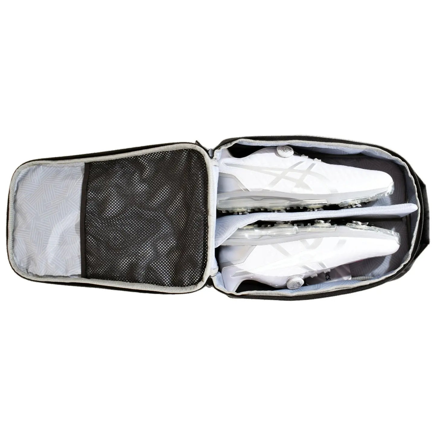 A zipped gray and white sports bag contains two pairs of white soccer cleats arranged neatly inside. A mesh pocket is visible on one side for additional storage.
