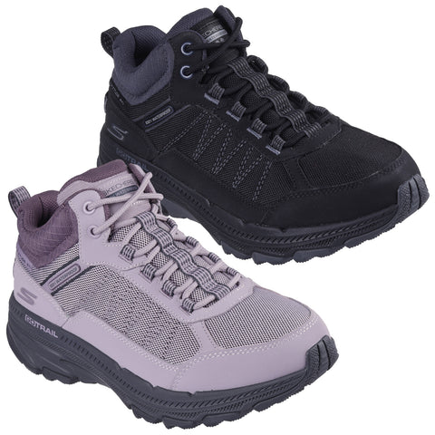 Two pairs of waterproof hiking shoes are displayed side by side the upper shoe is black with grey accents and the lower shoe is light purple with grey details the background is white