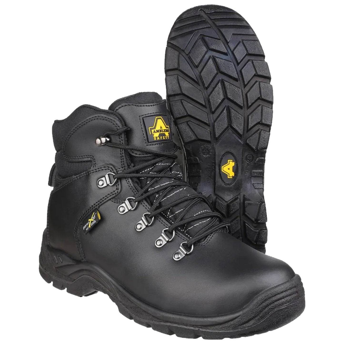 Black hiking boots are displayed upright with laces threaded through metal eyelets featuring rugged soles for traction showcasing a durable design suitable for outdoor activities