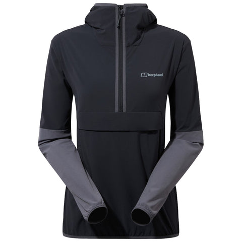 A black and gray athletic pullover features a front zipper and hood with long sleeves and elastic cuffs designed for outdoor activities in a casual or sport context.