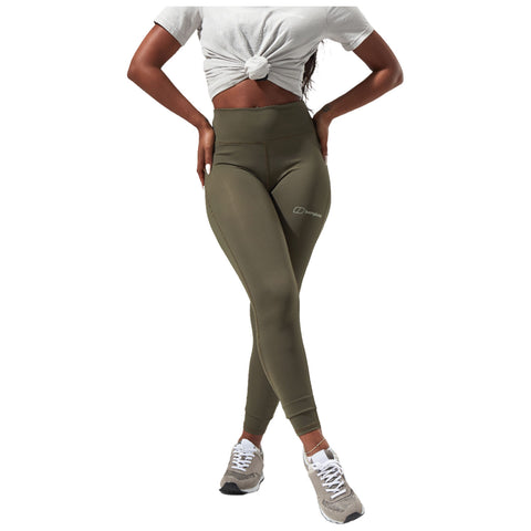 Olive-green athletic leggings with a high waistband are displayed standing upright on a plain background highlighting the texture and brand logo on the side.