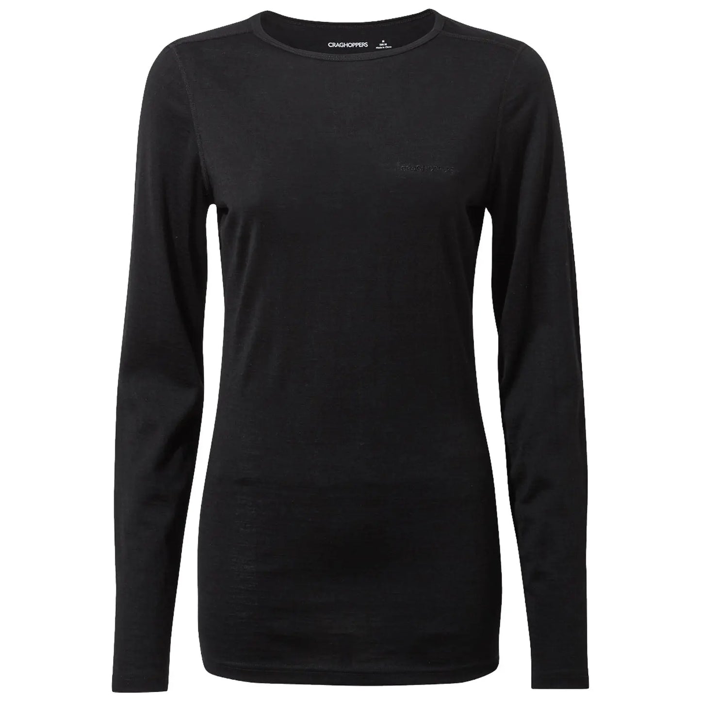 Black long-sleeve shirt hangs vertically showcasing a simple design with a crew neckline and minimal branding on the front suitable for casual or outdoor wear.