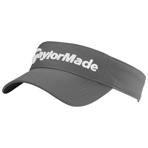 A gray visor cap with a wide brim displays the embroidered text "TaylorMade" prominently on the front suitable for outdoor activities like golfing in sunny environments.