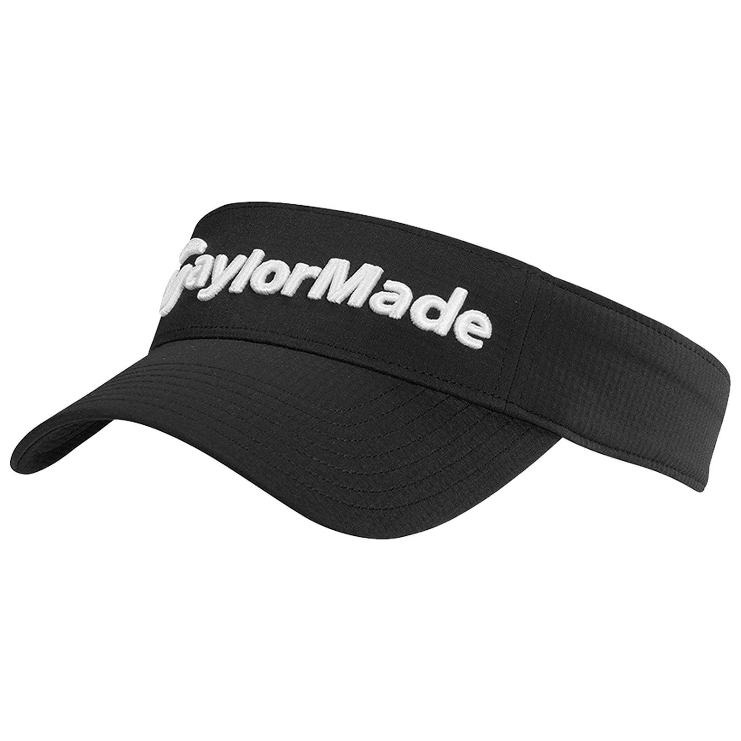 A black visor cap displays the branded text TaylorMade prominently across the front with a wide brim providing shade likely intended for outdoor activities such as golf.