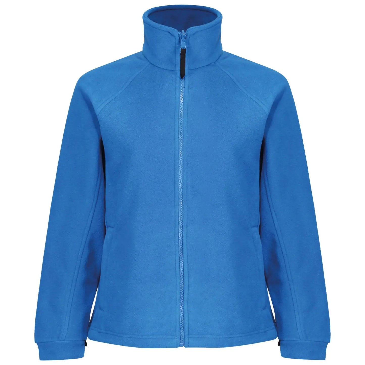 A blue fleece jacket stands upright with a high collar and a full zip front showcasing its soft texture in a neutral setting without any additional context or background elements.