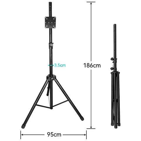 A black tripod stand is upright with a mounting plate on top and is adjustable in height to 186 cm it has three legs for stability and can be folded for storage.