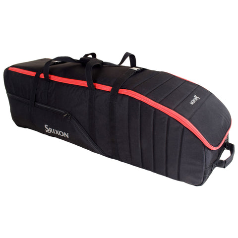 A black and red golf bag rests upright featuring padded construction and multiple straps with a zipper compartment showcasing the Srixon logo indicating its purpose for carrying golf clubs and accessories.