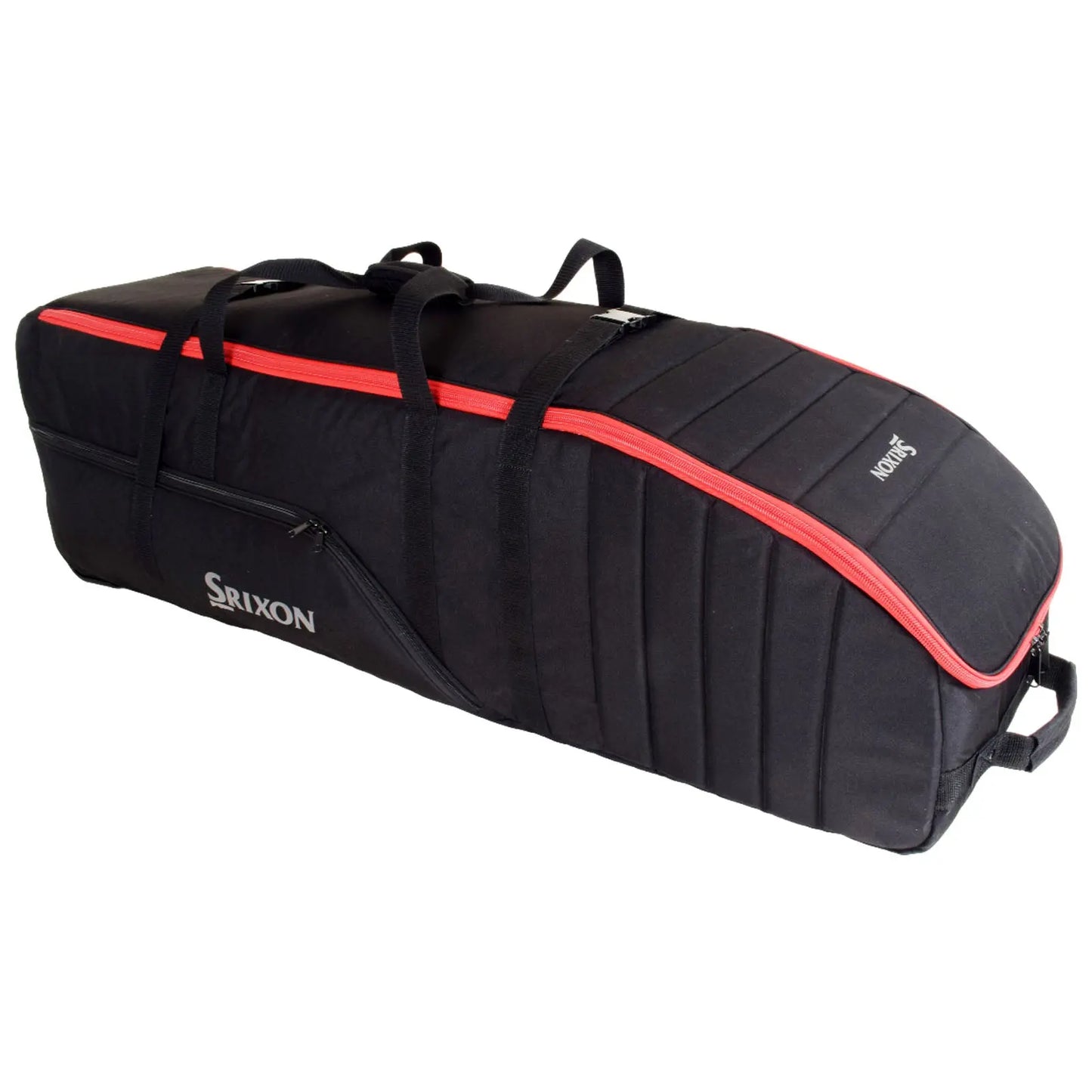 A black and red golf bag rests upright featuring padded construction and multiple straps with a zipper compartment showcasing the Srixon logo indicating its purpose for carrying golf clubs and accessories.