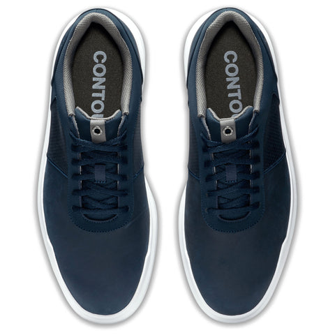 Two navy athletic shoes are positioned side by side with laces tied and a grey interior visible. The insoles display the word "CONTOR" on a dark background.