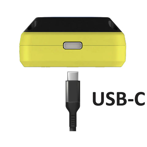 A yellow device with a black top is connected to a USB-C cable indicating a charging or data transfer action in a plain background. USB-C is labeled prominently.