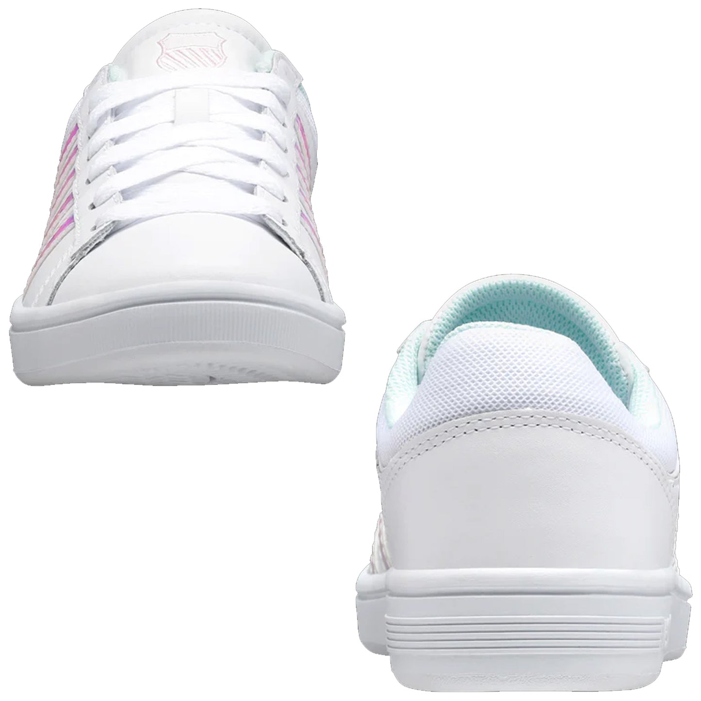White sneakers are prominently displayed with laces tied and side stripes visible while positioned against a plain background showcasing their design and color details.