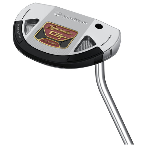 A golf putter lies on a flat surface with a sleek design featuring a metallic finish and a black grip. The brand logo and model name are visible on the head.