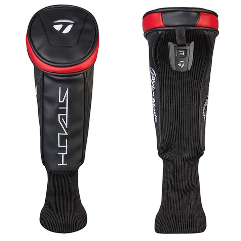 A golf club headcover is displayed with a sleek black and red design The cover protects the club while showcasing stylish branding in both white and red on a textured surface