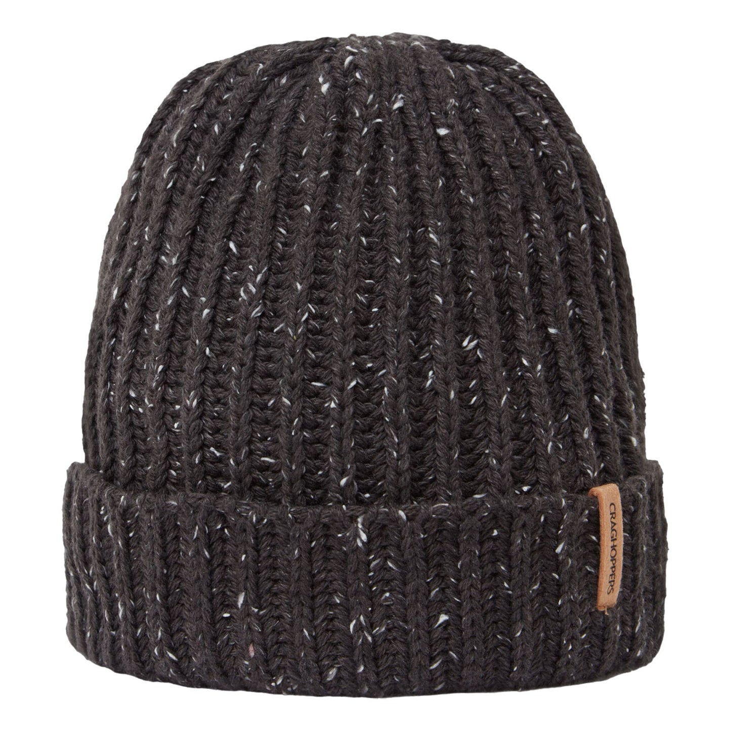 A knitted dark gray beanie hat with a ribbed texture and a folded brim displays a small leather tag on the side in a plain background.