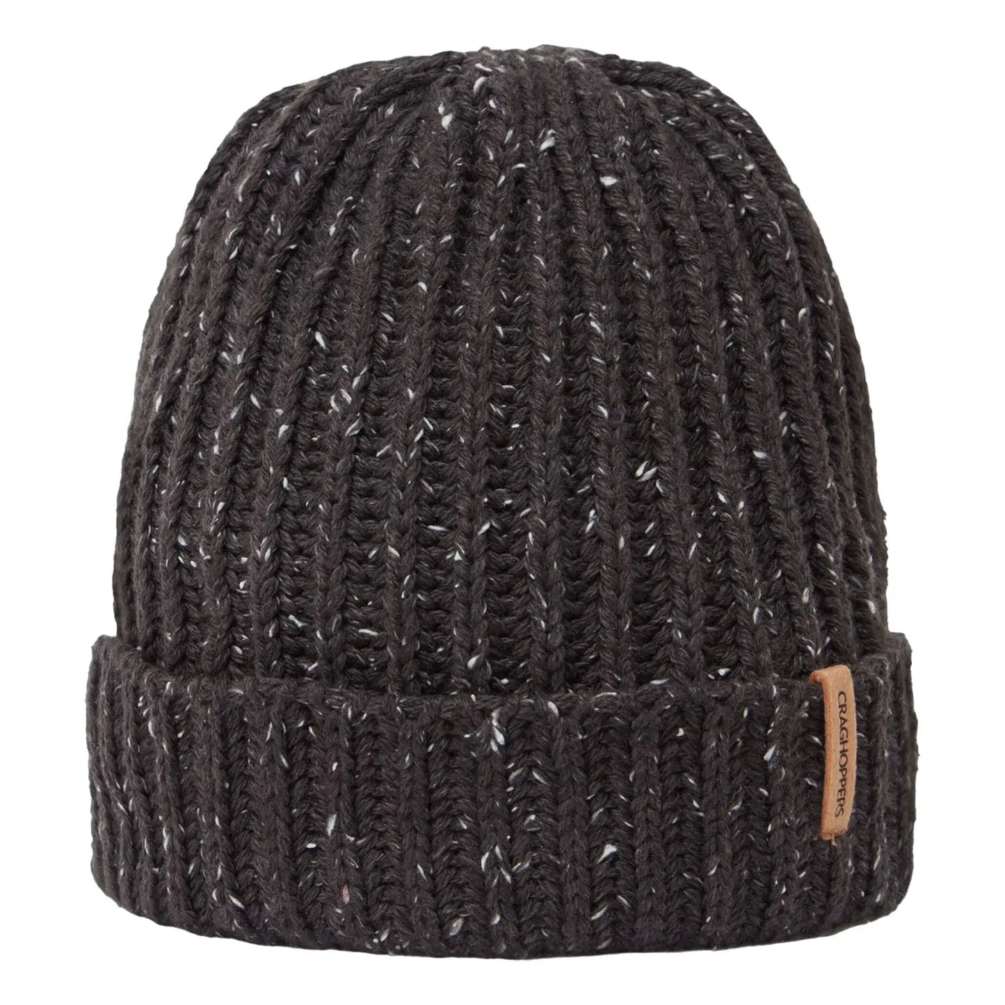 A knitted dark gray beanie hat with a ribbed texture and a folded brim displays a small leather tag on the side in a plain background.