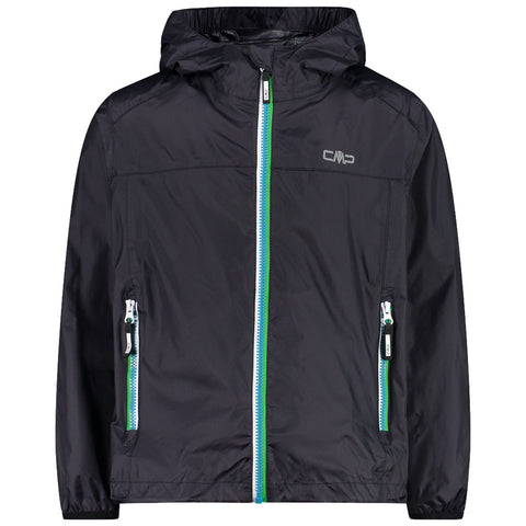 A black lightweight jacket with a hood features contrasting white and green zippers and a logo on the upper left side. The jacket is displayed against a plain background.